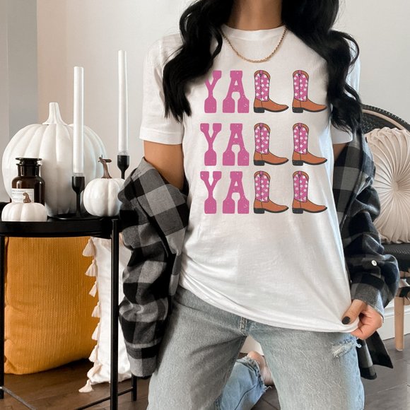 Yall Yall Yall Pink and Orange Cowboy Cowgirl Western Boots T shirt - Picture 3 of 6